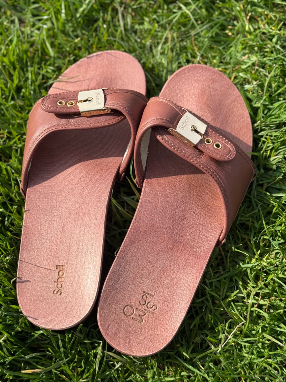 Scholl Pescura Leather Slide Sandals with Gold Accent